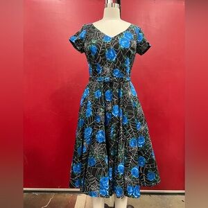 Vixen by Micheline Pitt Black Dress with Blue Floral Pattern